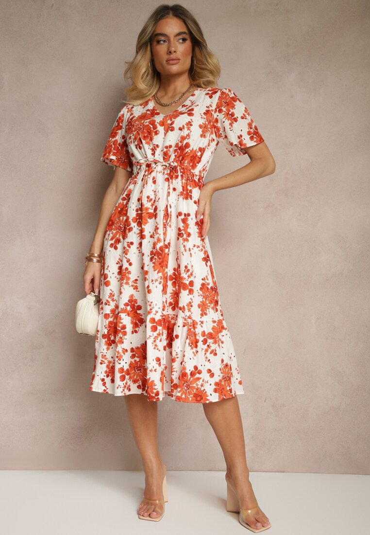 Rochie Portocalie de Bumbac Cloș Perforată cu Imprimeu Floral Velbia