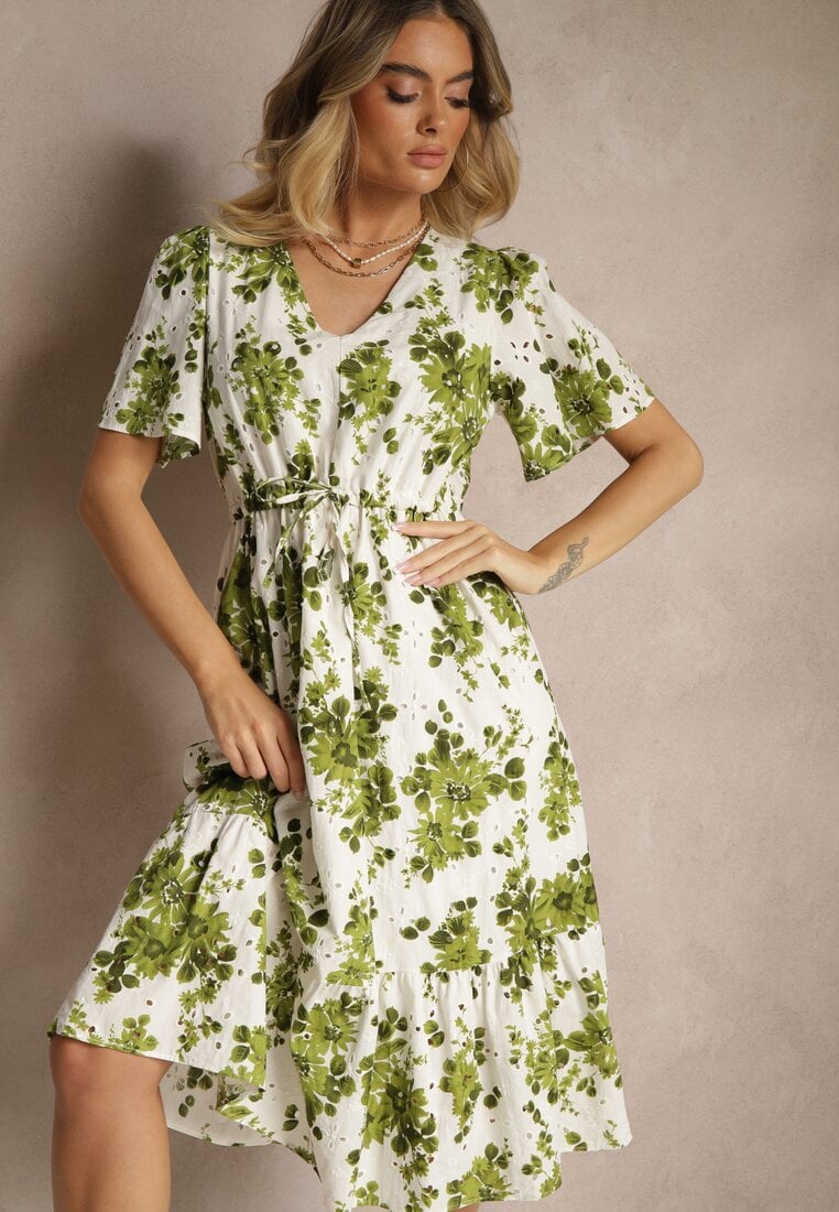 Rochie Verde Din bumbac Evazată Ajurată cu imprimeu floral Velbia
