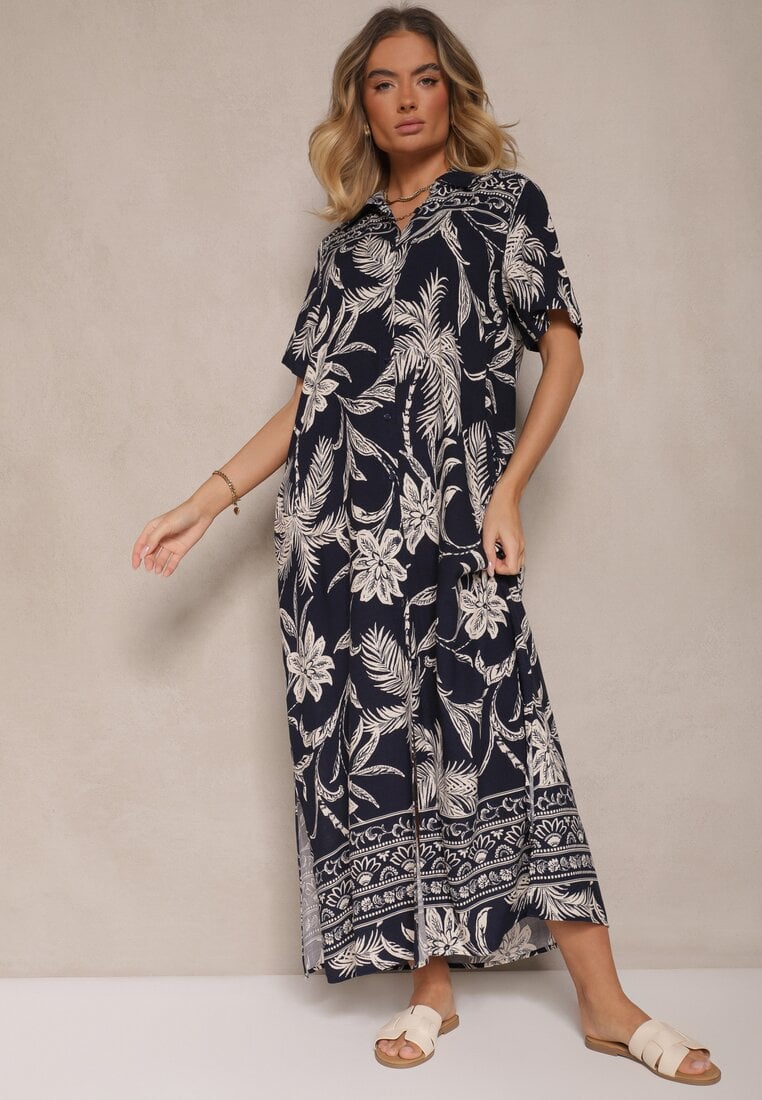 Rochie Bleu-marin stil cămașă cu flori din viscoză Erathia