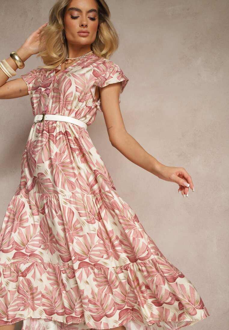 Rochie Evazată Roz închis din Viscoză Decorată cu Imprimeu Floral Galmoi