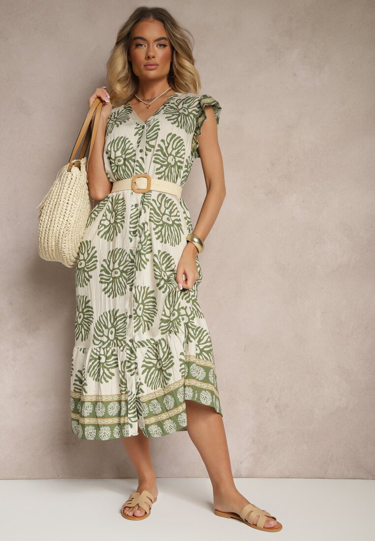 Rochie Cămașă Verde din Viscoză cu Imprimeu Geometric Boredis