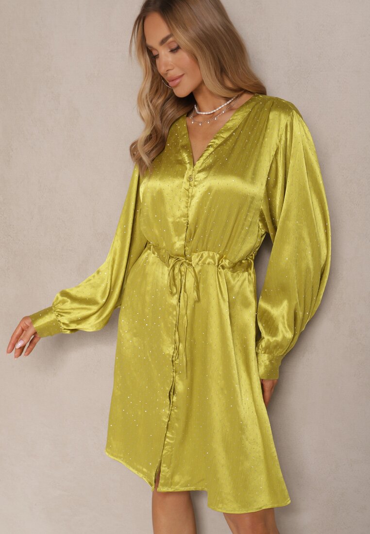 Rochie Verde Tip cămașă din satin Decorată cu zirconii și curea Miledis