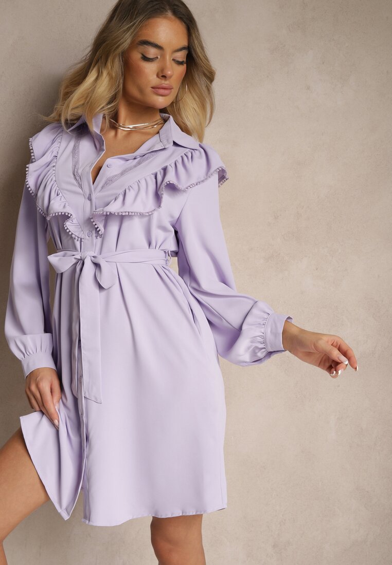 Rochie Cămașă Violetă Cloche cu Volane și Dantelă Naik