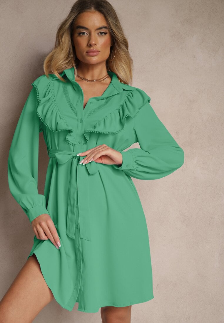 Rochie tip cămașă Evazată Verde închis cu volane și dantelă Naik