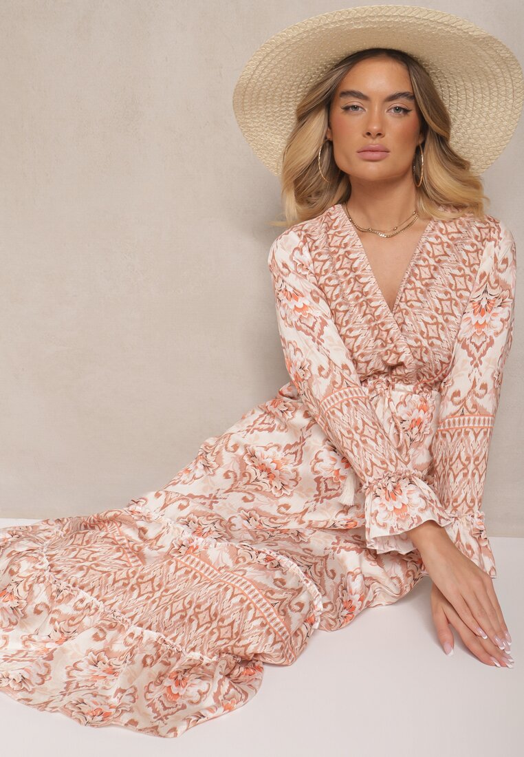 Rochie Bej cu Viscoză cu Croială Evazată cu Volane cu Imprimeu Etnic Korimira