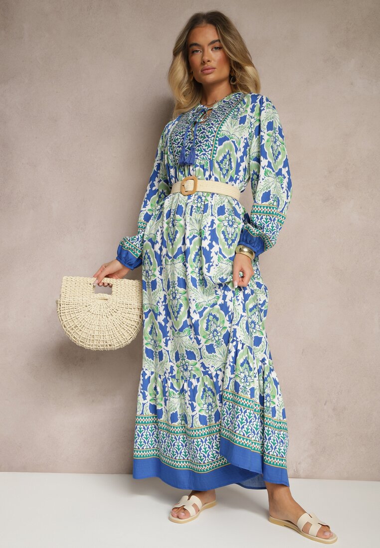 Rochie Albastru-Verde Evazată cu Model Ornamental Decorată cu Legătură cu Ciucuri Ridira