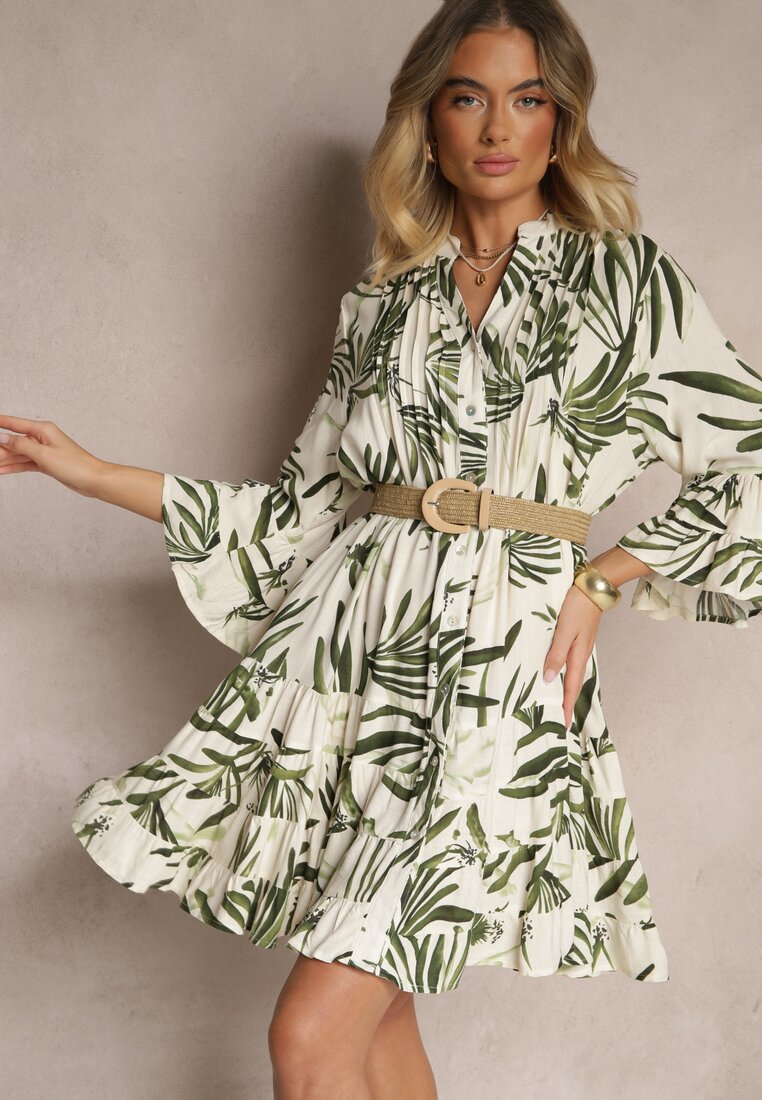 Rochie Cloș Verde din Viscoză cu Volane cu Imprimeu Floral Ridivaria