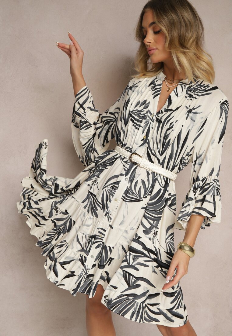 Rochie Cloș Gri închis din Vâscoză cu Volane cu Model Floral Ridivaria