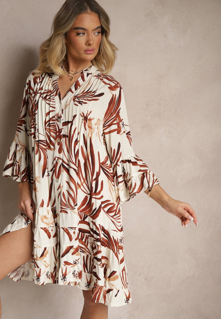 Rochie Maro Evazată din Vâscoză cu Volane cu Motiv Floral Ridivaria