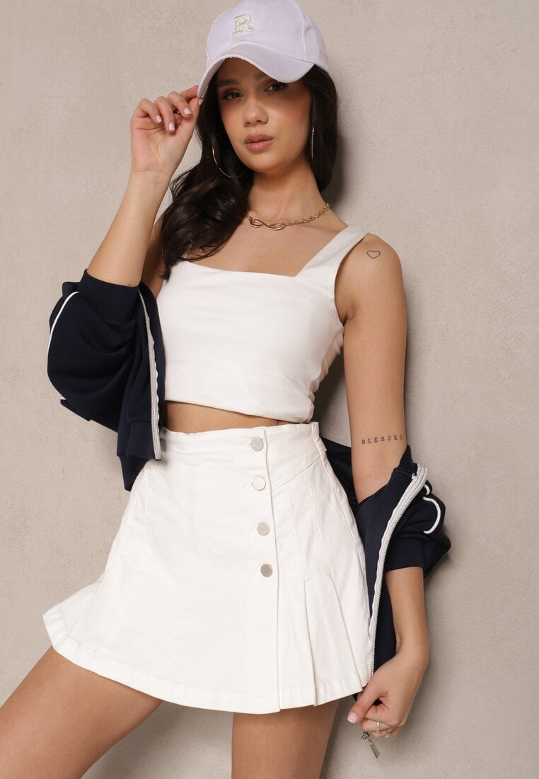 Fustă-Pantaloni scurți Alb din denim cu nasturi decorativi Viviellae