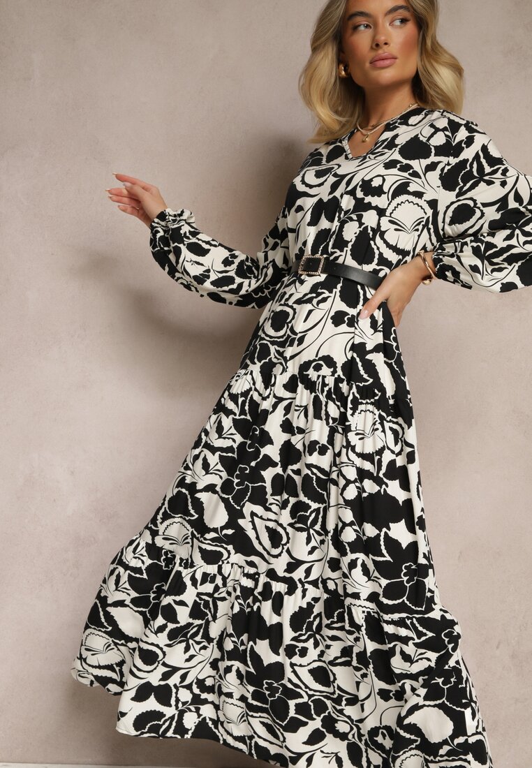 Rochie Neagră din Viscoză cu Croială Dreaptă cu Model Floral Ridiana
