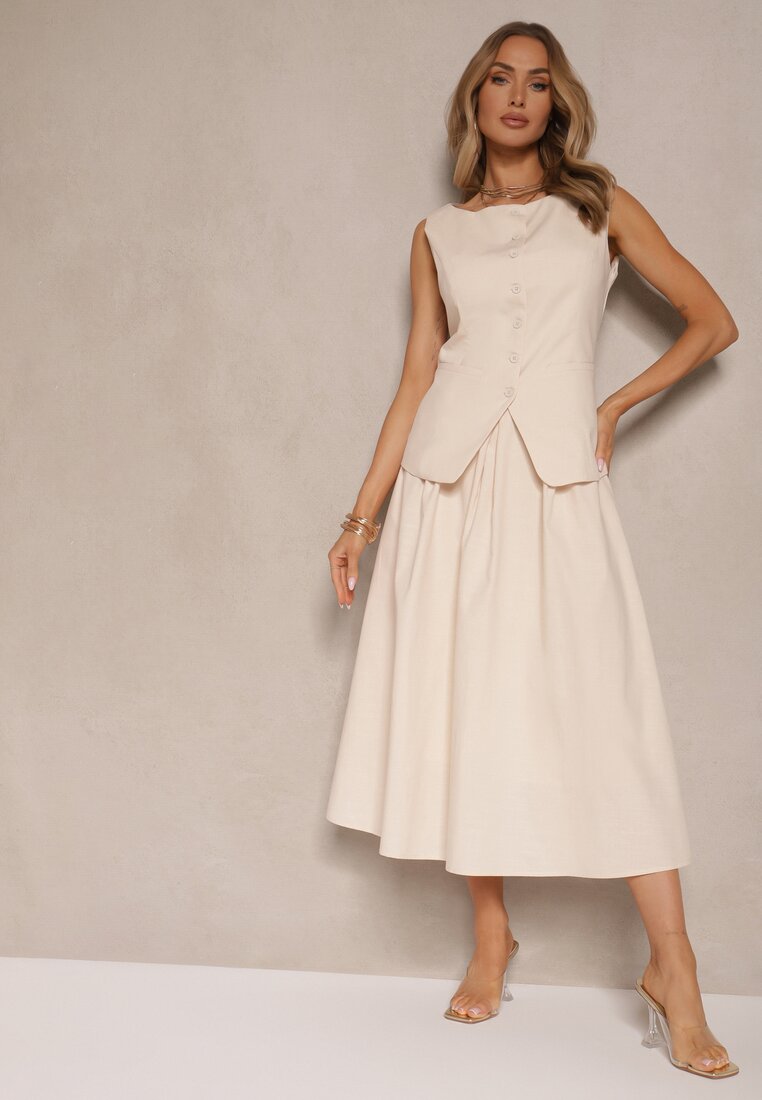 Fustă Bej Evazată din Bumbac High Waist Katavira