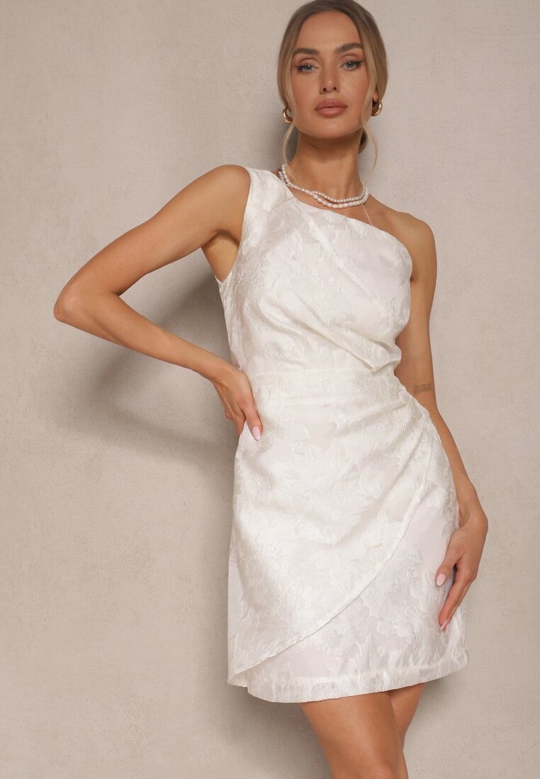 Rochie Albă cu flori, cu croi cambrat, cu top asimetric pe un umăr Halavira