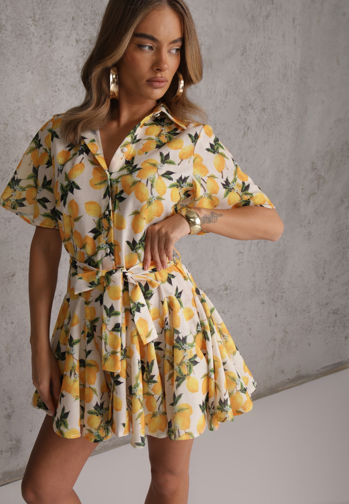 Rochie tip cămașă Bej Evazată cu cordon legat și mânecă scurtă Lavialane