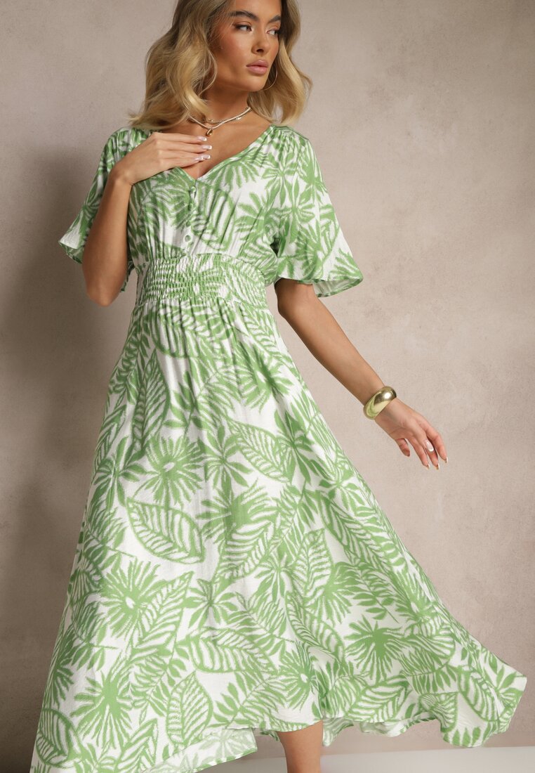 Rochie Verde cu model floral cu mâneci clopot și elastic în talie Erivane