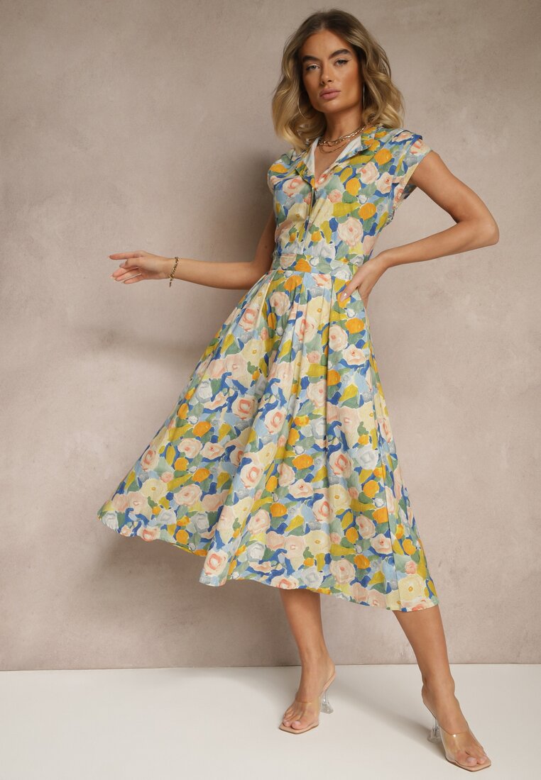 Fustă Albastră De bumbac cu croi evazat cu imprimeu floral Lavzekia