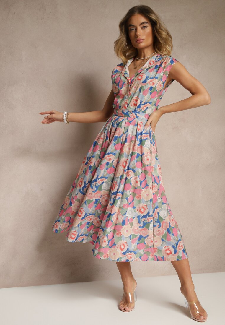 Fustă Roz din Bumbac cu Croi Evazat cu Imprimeu Floral Lavzekia