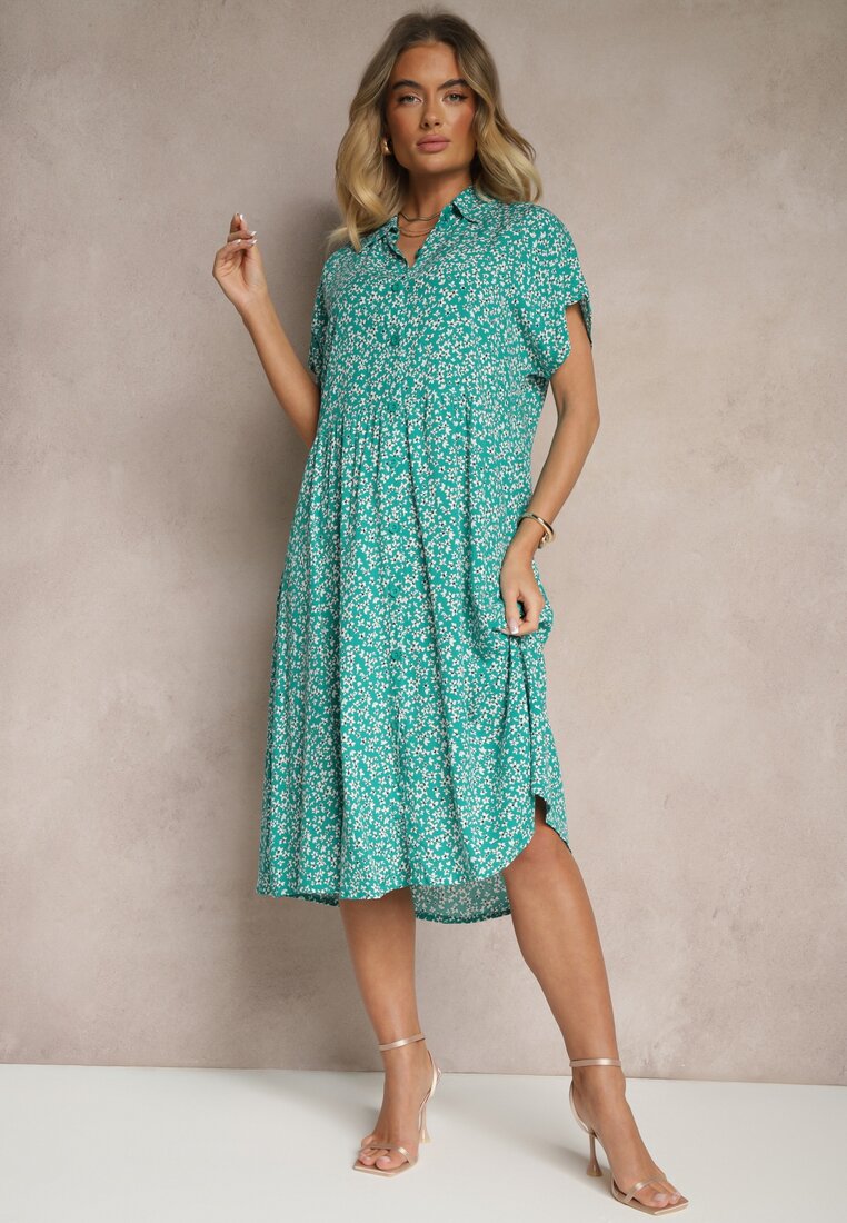 Rochie tip cămașă verde închis din bumbac cu flori cu croială evazată Sarilon