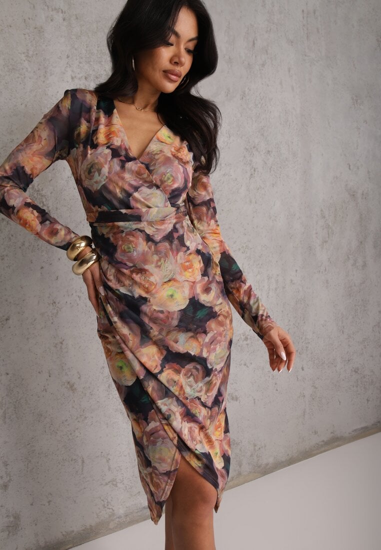 Rochie Maro-Bleu Marin petrecută din plasă cu viscoză decorată cu încrețituri Varseli