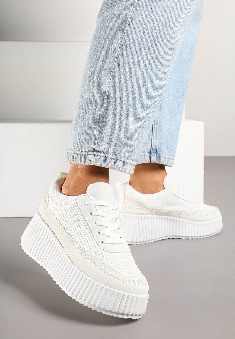Adidași Albi pe Platformă Embosată cu Cusături Decorative Faloviela