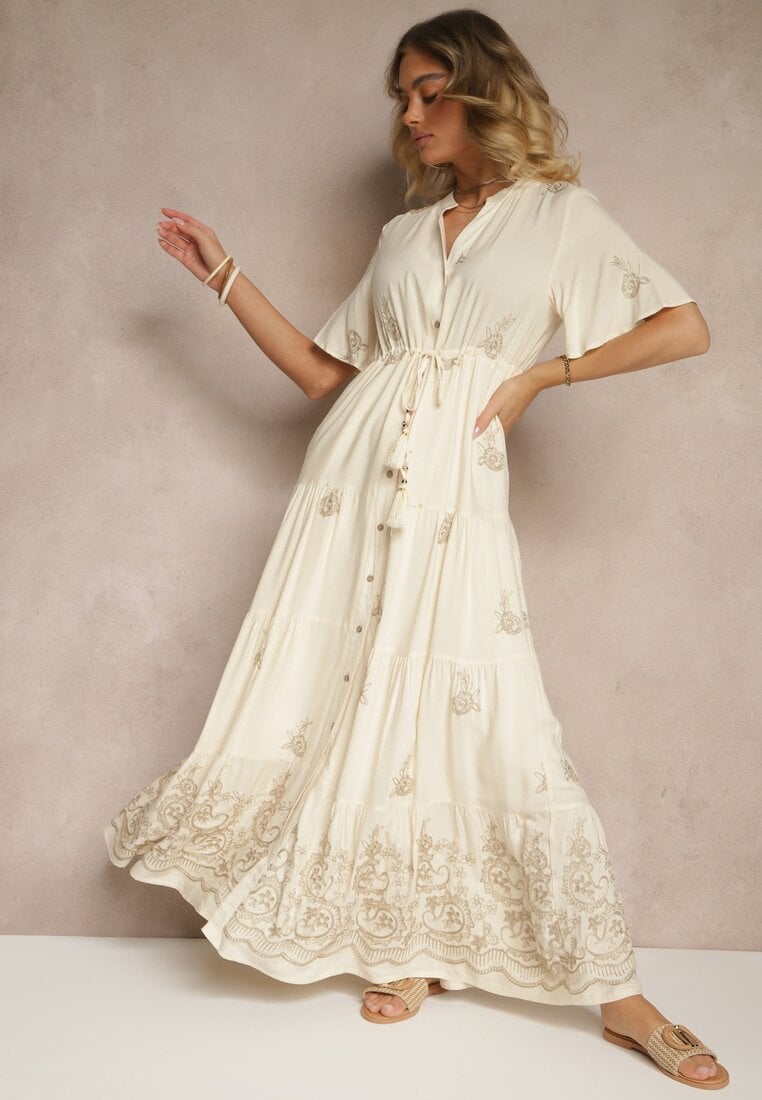 Rochie cloș bej Boho din viscoză decorată cu broderie și șnur Falvania