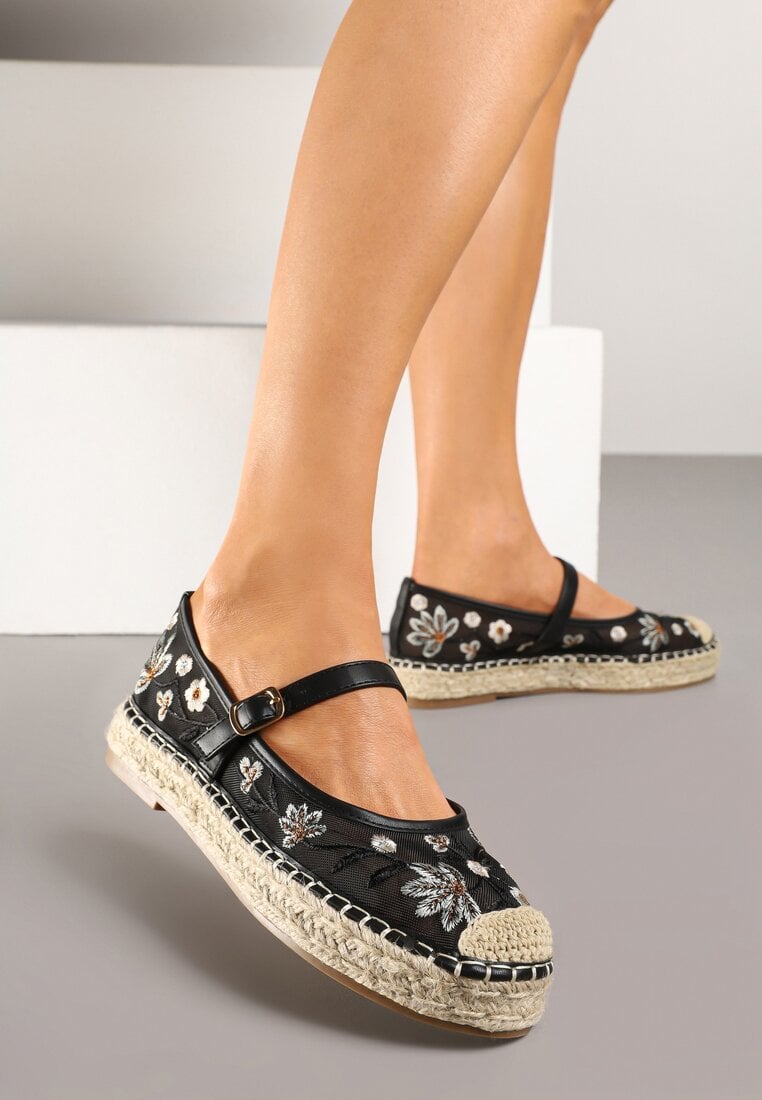 Espadrile Negre din plasă cu talpă împletită decorate cu broderie Evelritia