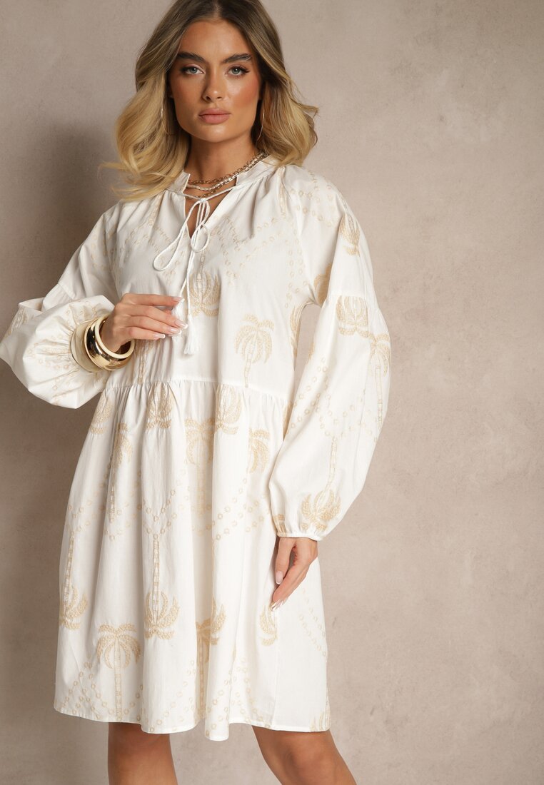 Rochie Albă din Bumbac Decorată cu Legătură și Model cu Palmieri