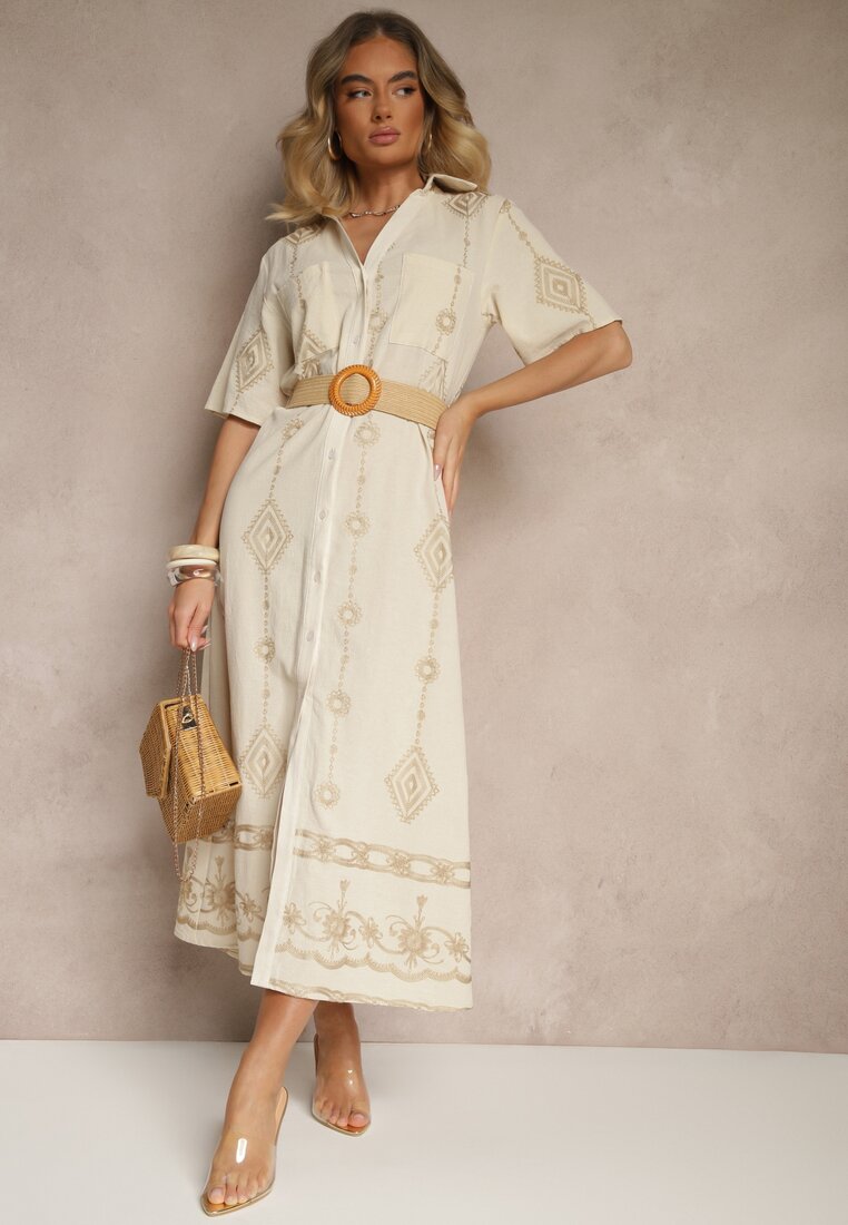 Rochie Cămașă Bej din Bumbac cu Cordon Decorativ și Broderie Evialisse
