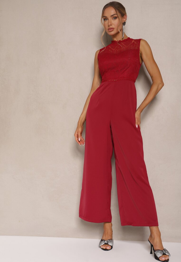 Salopetă Bordo cu picior larg decorată cu inserții din plasă Naliena