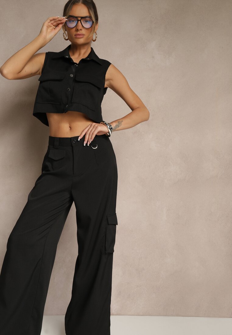 Set negru Vestă tip cămașă și Pantaloni cu croială largă stil cargo Zibelle