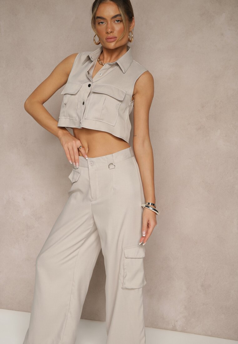 Set Bej deschis, Vestă tip cămașă și Pantaloni cu croială largă stil cargo