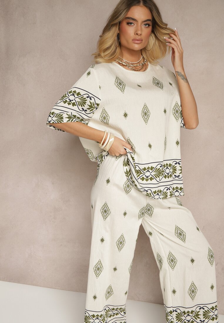Set din viscoză bej și verde închis în Stil Boho cu Pantaloni largi și Bluză tricou Sarilorae