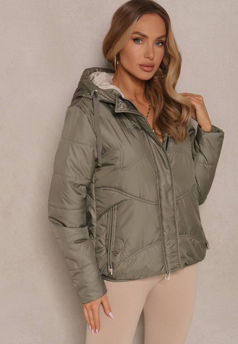 Geacă Verde cu Cusături Matlasate și Glugă Decorată cu Șnururi Evivienne