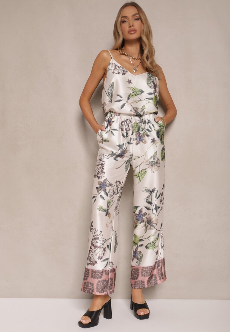 Pantaloni Bej din Vâscoză cu croială largă High Waist cu imprimeu floral Davilsa