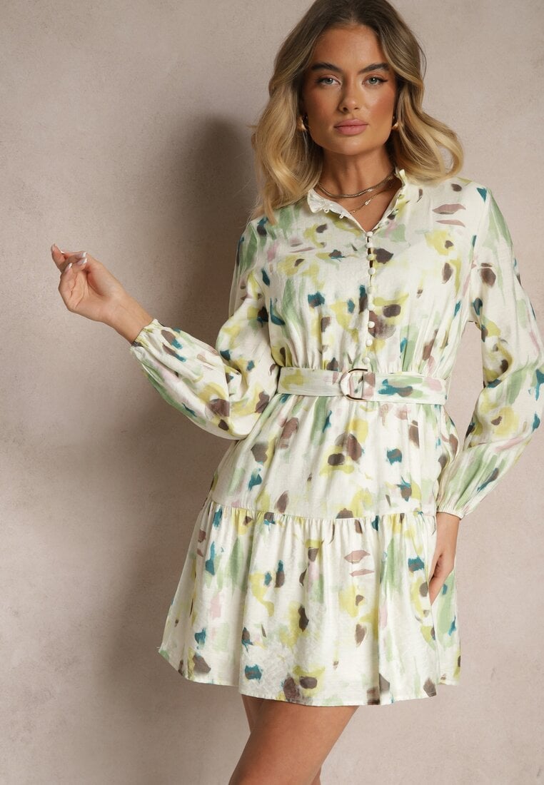 Rochie Verde din Vâscoză cu Croială Cloș cu Cordon cu Imprimeu Abstract Stalitte