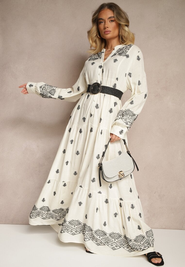 Rochie Alb-Negru Evazată cu Partea de Sus Tip Cămașă cu Model Etnic Ronitta