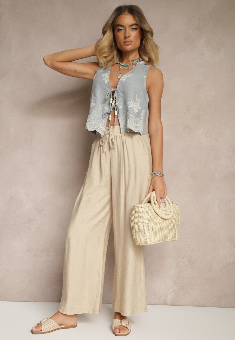 Pantaloni Bej Largi High Waist din Viscoză cu elastic în talie Lannalie