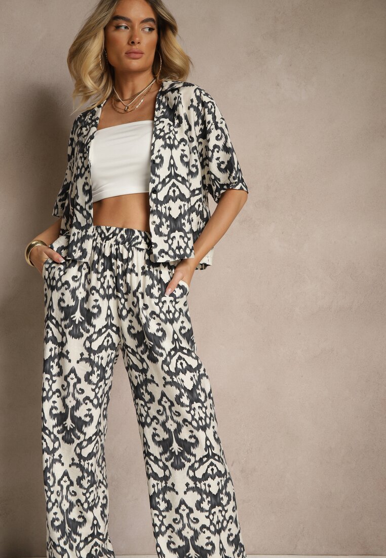 Set negru de viscoză cu imprimeu ornamental, cămașă și pantaloni largi Sarilsa