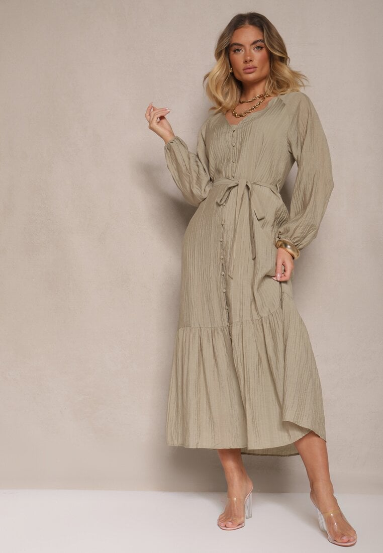 Rochie Verde închis din viscoză cambrată cu fustă amplă stil cămașă Emlio