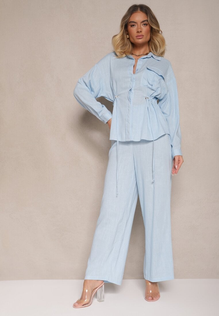 Compleu Albastru din Vâscoză Pantaloni Largi și Cămașă Strânsă în Talie Divanea