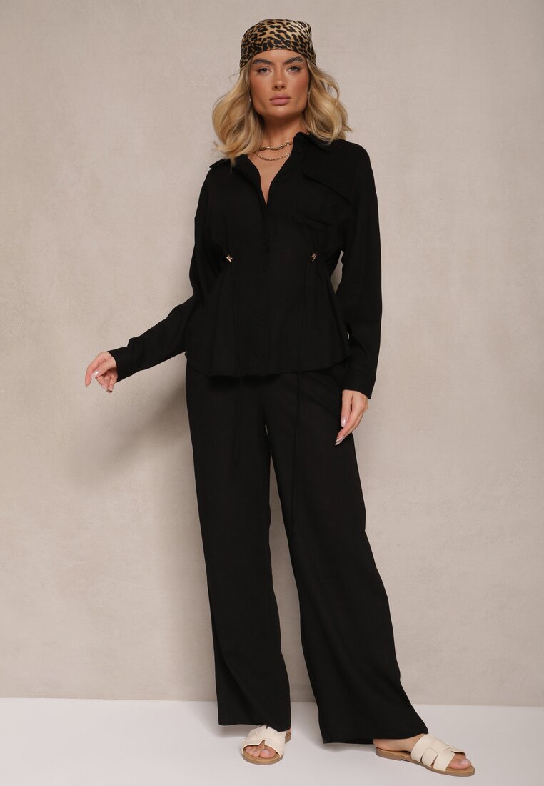 Compleu Negru din Viscoză Pantaloni largi și Cămașă strânsă în talie Divanea