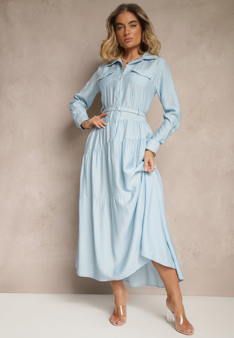 Rochie Albastră Evazată din vâscoză cu nasturi și curea Ronesa