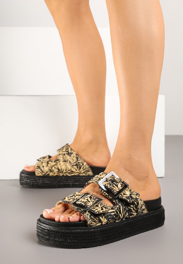 Papuci Negre pe Platformă cu Împletitură și Catarame Ronarisa