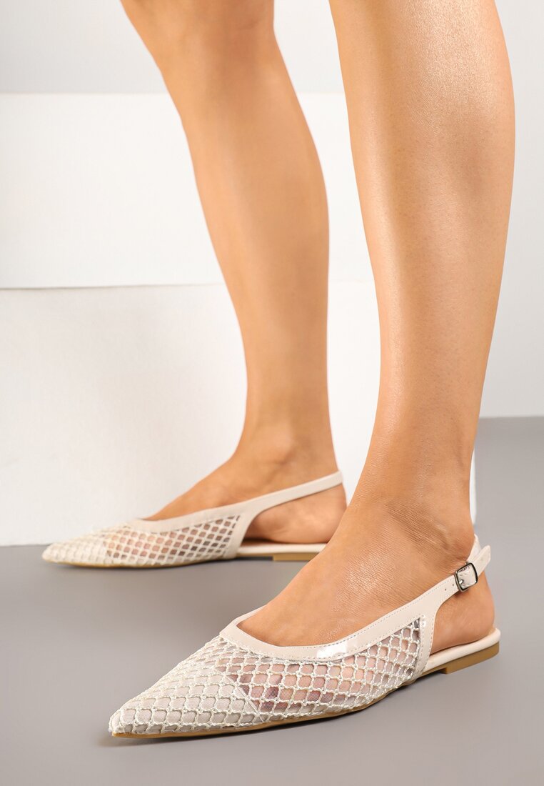 Sandale Bej de Plasă Slingback cu Talpă Plată Reolanta