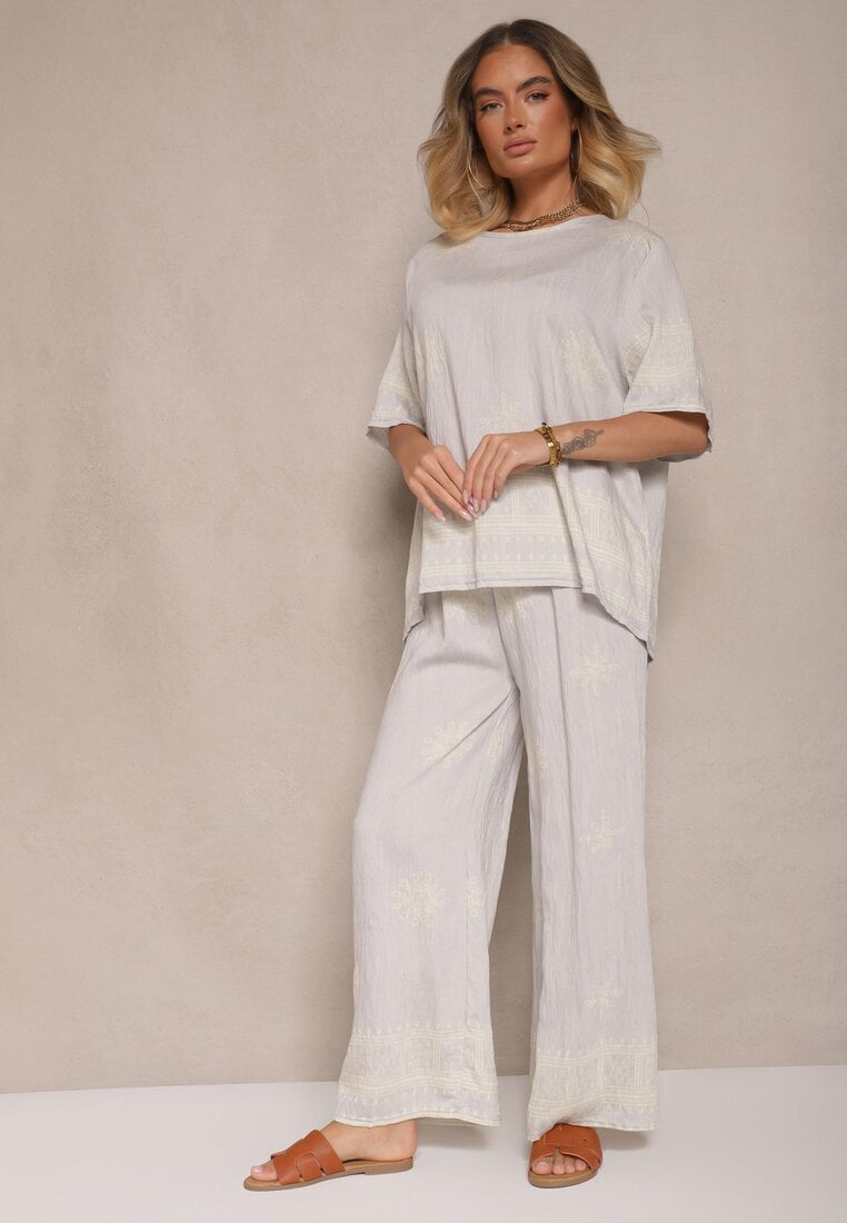 Compleu Gri deschis din Vâscoză în Stil Rustic Bluză și Pantaloni Largi Ronilae