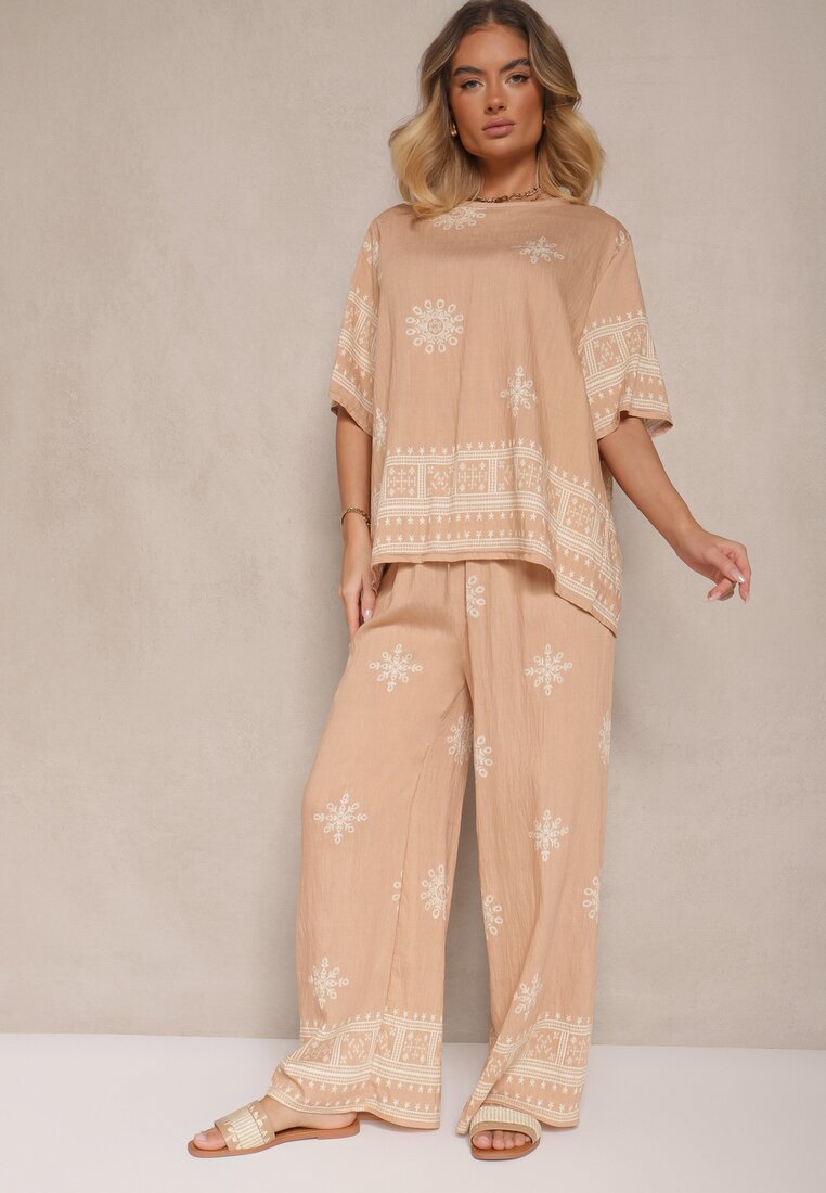 Set bej Oversize cu Bluză și Pantaloni largi în stil Boho Ronivara