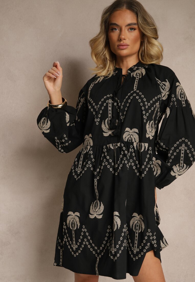 Rochie Neagră din Bumbac Decorată cu Broderie cu Palmieri Zeliova