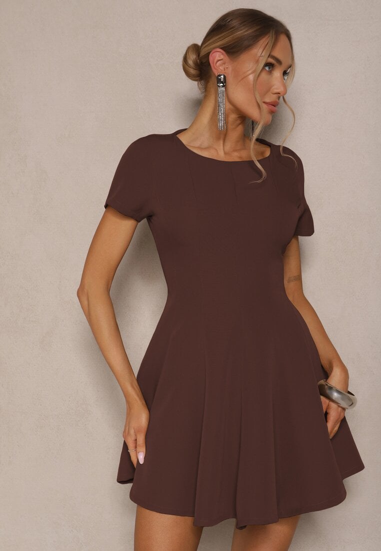 Rochie Maro cu Croială Evazată cu Mânecă Scurtă Decorată cu Cusături Mepiza