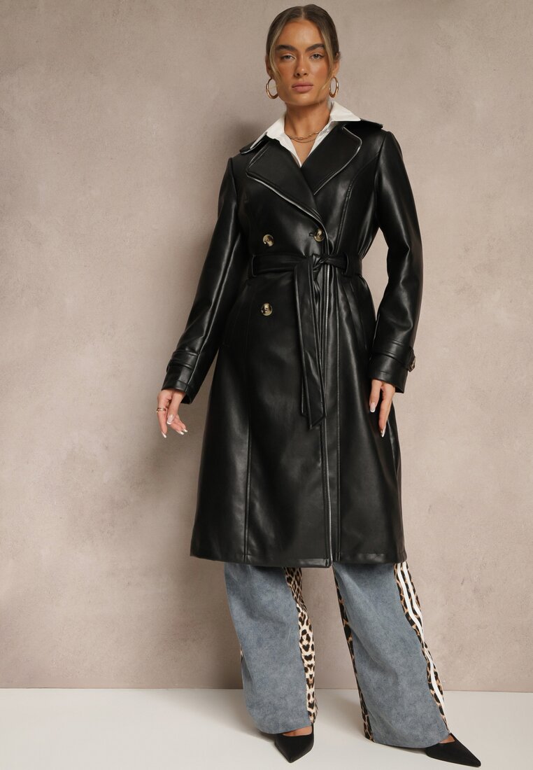 Palton trench negru Dublu rând din Imitatie de Piele cu Curea Legată Nilovessa