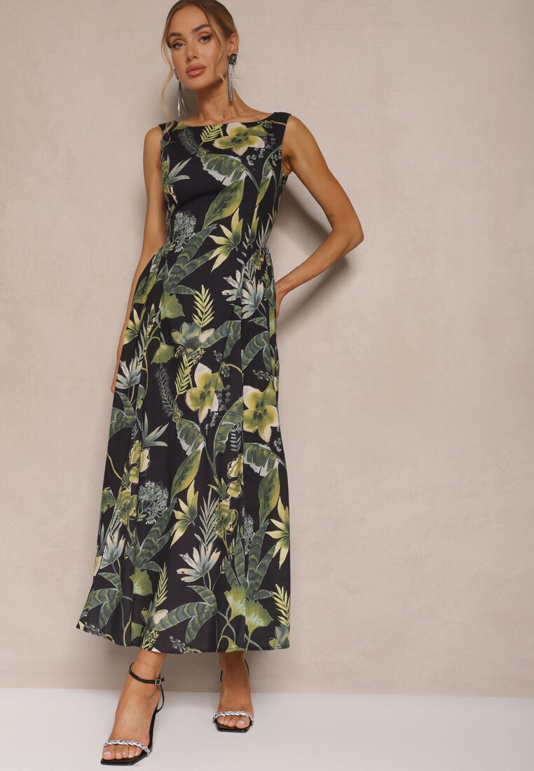Rochie Neagră cu Imprimeu Floral din Bumbac cu Croială Cloș Korlio